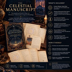Könnte beinhalten: Ein digitales Manuskript mit dem Titel The Celestial Manuscript, das ein personalisiertes Geburtshoroskop und eine vom osmanischen Yildizname inspirierte Lesung enthält. Das Dokument umfasst Planetenplatzierungen, Aspekte und Reflexionsthemen als PDF.