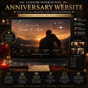 May include: A custom interactive anniversary website displayed on a laptop and smartphone screen. The interface features a couple overlooking a sunset landscape, a music player, a photo gallery, and a timeline of milestones with text in English.