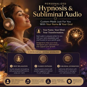 May include: A digital advertisement for personalised hypnosis and subliminal audio featuring text that reads: Personalised Hypnosis & Subliminal Audio, Custom-Made Just For You With Your Name & Your Goal, 3 Powerful Audio Sessions, and 100% Personalised.