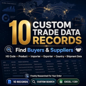 Könnte beinhalten: Eine digitale Grafik mit dem Text 10 CUSTOM TRADE DATA RECORDS und Find Buyers & Suppliers. Sie enthält eine Weltkarte, ein Frachtschiff und eine Datentabelle mit HS Code, Product, Importer, Exporter, Country und Shipment Data Details.