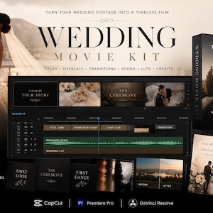 May include: A digital wedding movie kit featuring video editing assets including titles, overlays, transitions, sound effects, and LUTs. The display shows a timeline interface with text labels like First Look, The Ceremony, and First Dance.