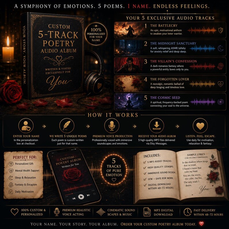 K&ouml;nnte beinhalten: Ein personalisiertes Poesie-Audioalbum mit einem schwarzen Buchcover mit goldener Schrift, Kopfh&ouml;rern und einem Smartphone mit Rosenmotiv. Das Layout zeigt f&uuml;nf Audiotitel, eine Funktionsbeschreibung und ein offenes Buch mit Beispieltexten.