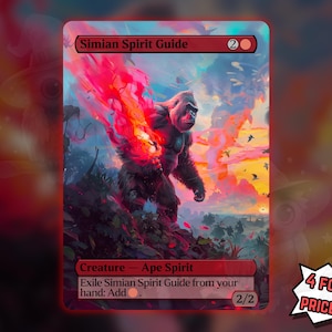 May include: A trading card featuring a gorilla-like creature engulfed in flames, titled "Simian Spirit Guide." The card has a red border and includes the text "Creature - Ape Spirit" and "2/2." The background shows a colorful sunset. The text "4 FOR THE PRICE OF 3!" is in a speech bubble.