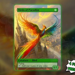 May include: A vibrant card featuring a colorful bird with outstretched wings, titled "Birds of Paradise." The bird is depicted in shades of red, orange, yellow, green, and blue, soaring above a cityscape. The card includes text indicating it is a creature, a bird, and has flying abilities.