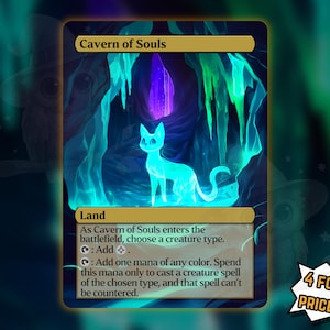 May include: A fantasy card titled "Cavern of Souls" features a glowing blue cat in a cave setting. The card has gold accents and text describing its function in a game. The phrase "4 FOR THE PRICE OF 3!" is in a speech bubble.