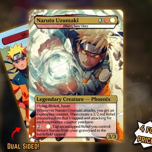 Puede incluir: Carta coleccionable de Naruto Uzumaki de doble cara. Presenta un personaje con pelo rubio puntiagudo, atuendo naranja y azul, y un orbe brillante. El texto de la carta incluye "Legendary Creature - Phoenix" y "DUAL SIDED!"