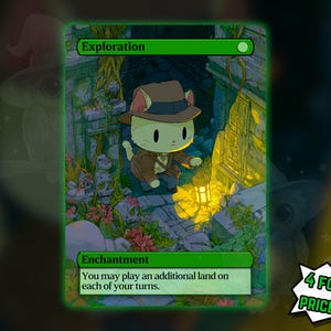 May include: A rectangular trading card titled Exploration featuring a cartoon cat wearing a brown fedora and jacket, holding a glowing lantern in a stone ruin. The card text reads Enchantment and You may play an additional land on each of your turns.