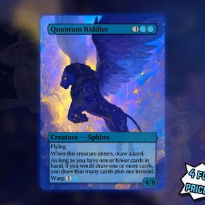 May include: A trading card featuring a dark blue sphinx with large wings, set against a starry, colorful background. The card is labeled "Quantum Riddler" and includes game text. The bottom right corner has text that reads "4 FOR THE PRICE OF 3!"