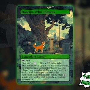 May include: A green and white card featuring the text "Boseiju, Who Endures" and "Legendary Land." The card depicts a stylized landscape with a fox. The bottom right corner has text that says "4 FOR THE PRICE OF 3!"