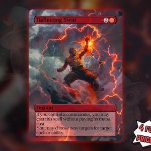 May include: A red trading card titled "Deflecting Swat" with a dynamic illustration of a figure amidst lightning and clouds. The card text details spell casting conditions. The image includes the text "4 FOR THE PRICE OF 3!"