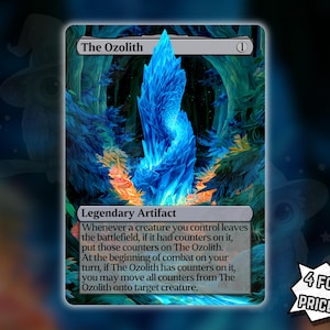 May include: A Magic: The Gathering trading card titled The Ozolith, featuring a large, glowing blue crystal formation set within a dark, forested landscape. The card text describes it as a Legendary Artifact with specific game mechanics.