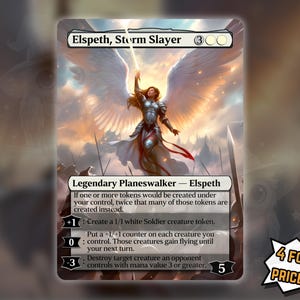 May include: A Magic: The Gathering card featuring Elspeth, Storm Slayer. The card depicts a warrior with large white wings, holding a glowing sword. The card has text describing its abilities and a mana cost of five. The card is part of a promotion.