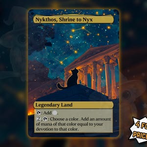 May include: A trading card featuring a night scene with a black cat silhouette atop a structure. The card is titled "Nykthos, Shrine to Nyx" and includes game text. The background shows a starry sky and a building with columns. The card has a gold border.