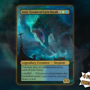 May include: Aesi, Tyrant of Gyre Strait card depicting a teal serpent rising from the sea. The card has a gold border and text detailing its abilities. The text "4 FOR THE PRICE OF 3!" is in a white speech bubble.