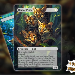 Może przedstawiać: Karta Magic: The Gathering przedstawiająca cztery młode oceloty w bujnym, zielonym otoczeniu. Karta zatytułowana jest "Ocelot Pride" i zawiera tekst gry. W prawym dolnym rogu znajduje się napis "4 W CENIE 3!"