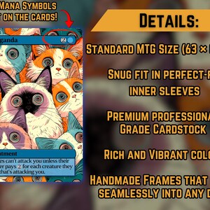 May include: A Magic: The Gathering card featuring a collage of cat faces with wide eyes. The card is labeled "Propaganda" and includes the text "Creatures can't attack you unless their controller pays 2 for each creature they control that's attacking you." The card is 63 x 88 mm.