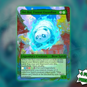 May include: A trading card featuring Hei Bai, Forest Guardian, a bear spirit. The card has a green border and depicts a glowing panda bear surrounded by blue flames. Text includes card details and "4 FOR THE PRICE OF 3!"