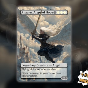 Pode incluir: Carta de fantasia com Avacyn, Anjo da Esperança, um anjo lendário com cabelo branco e asas, segurando uma espada. O texto da carta inclui "Voar, vigilância, indestrutível". A carta tem uma força e resistência de 8/8.