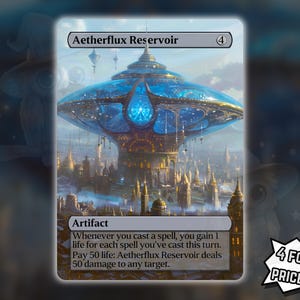 Puede incluir: Una carta de Magic: The Gathering con el "Aetherflux Reservoir". La carta muestra una ciudad futurista con una gran estructura azul en forma de cúpula. El texto de la carta incluye el nombre, "Artefacto", e instrucciones del juego. También incluye el texto "¡4 POR EL PRECIO DE 3!"