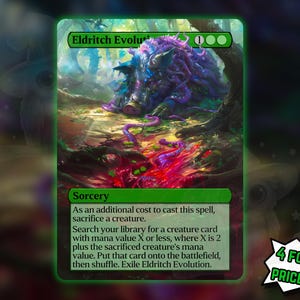 Könnte beinhalten: Eine Magic: The Gathering-Karte mit dem Titel "Eldritch Evolution". Die Karte zeigt eine lebendige Illustration einer lila, tentakelartigen Kreatur in einer Waldszene. Der Kartentext beschreibt die Effekte des Zaubers. Eine Werbeblase lautet "4 FÜR DEN PREIS VON 3!"