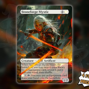 May include: A Stoneforge Mystic card featuring a warrior with white hair and two glowing orange swords. The card has text describing its abilities and a power/toughness of 1/2. A promotional sticker reads "4 FOR THE PRICE OF 3!"
