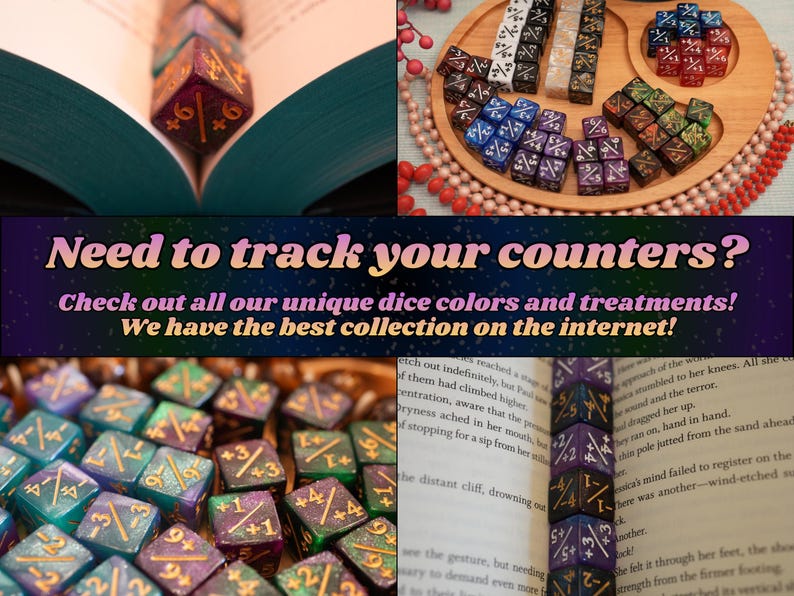 K&ouml;nnte beinhalten: Eine Sammlung farbiger W&uuml;rfel in verschiedenen Anordnungen. Das Bild zeigt W&uuml;rfel in Lila, Gr&uuml;n, Blau und Schwarz, einige mit goldenen Zahlen. Der Text im Bild lautet: "Need to track your counters? Check out all our unique dice colors and treatments!"