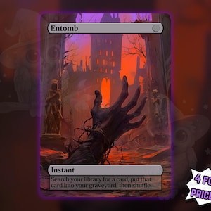 May include: A fantasy card with the title "Entomb" at the top. The artwork depicts a skeletal hand reaching out of a swampy area towards a gothic castle under a fiery sky. The card text reads "Instant" and includes instructions for gameplay.