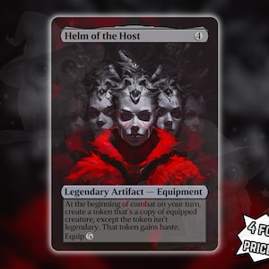 May include: A Magic: The Gathering card titled "Helm of the Host" featuring a dark, artistic illustration of a face with multiple visages and a red cloak. The card text describes its function as a legendary artifact.
