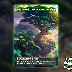 May include: A fantasy card featuring a detailed illustration of a large, twisting tree with lush green foliage, set against a backdrop of mountains and a colorful sky. The card reads "Yavimaya, Cradle of Growth" and "Legendary Land".
