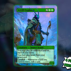 May include: A green-bordered trading card featuring the "Icetill Explorer." The card depicts a humanoid insect scout in shades of blue, green, and purple, holding a staff. Text includes creature type, abilities, and stats. A promotional text "4 FOR THE PRICE OF 3!" is in the corner.