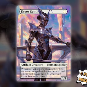 May include: A holographic trading card featuring a humanoid figure in silver armor, holding a sword. The card is labeled "Esper Sentinel" and includes game text. The card has a 1/1 power/toughness rating. A promotional text bubble reads "4 FOR THE PRICE OF 3!"