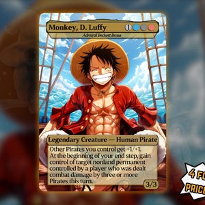 Könnte beinhalten: Eine Sammelkarte mit Monkey D. Luffy aus One Piece. Die Karte zeigt einen lächelnden Charakter in einem roten Hemd und Strohhut vor einem Meereshintergrund. Der Text enthält "Monkey, D. Luffy" und "Legendary Creature - Human Pirate".