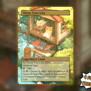 May include: A rectangular trading card titled Three Tree City, featuring an illustration of a treehouse with three cats. The card text reads Legendary Land, As Three Tree City enters, choose a creature type, and includes game mechanics. A small sticker reads 4 FOR THE PRICE OF 3!
