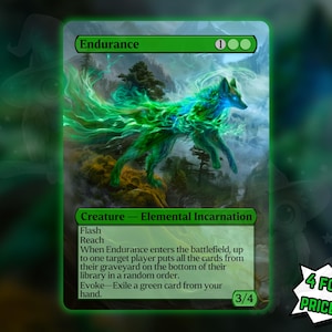 May include: A green and blue fantasy card featuring a glowing wolf-like creature. The card is labeled "Endurance" and includes game text. A promotional message reads "4 FOR THE PRICE OF 3!"