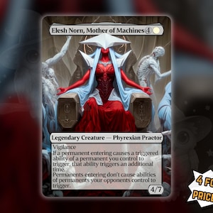 Peut inclure: Carte Magic: The Gathering avec Elesh Norn, Mother of Machines. Elle représente une figure rouge et blanche sur un trône, avec le texte "Legendary Creature - Phyrexian Praetor". La carte a une force/endurance de 4/7 et du texte de jeu.