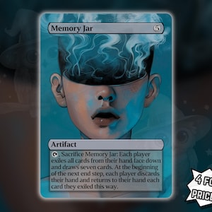 Puede incluir: Carta de fantasía que presenta un rostro humano con la parte superior de la cabeza reemplazada por un tarro lleno de humo azul. La carta se titula "Memory Jar" e incluye texto del juego. Un mensaje promocional dice "¡4 POR EL PRECIO DE 3!"
