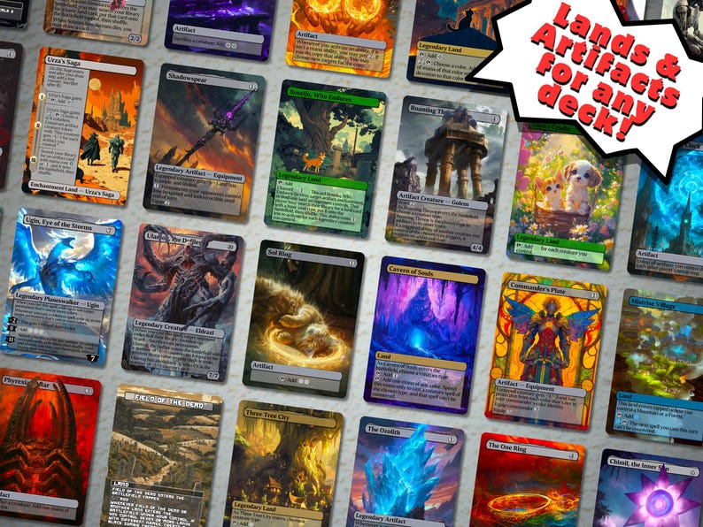 K&ouml;nnte beinhalten: Eine Sammlung von Magic: The Gathering Sammelkarten mit verschiedenen Kunstwerken und Kartentypen. Die Karten zeigen lebendige Farben und Fantasy-Illustrationen, darunter Landschaften, Kreaturen und Artefakte. Text auf einer Sprechblase lautet "Lands & Artifacts for any deck!"