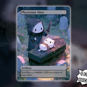 May include: A rectangular trading card titled Phyrexian Altar featuring a white cat in a dark hooded robe holding a small dagger over another white cat tied up on a dark coffin in a graveyard. The card text reads Artifact, Sacrifice a creature: Add one mana of any color, and the number 3 in the top right corner.