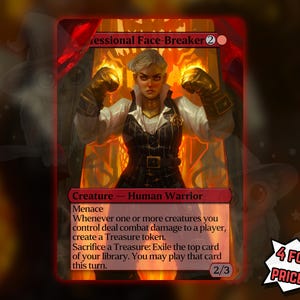 Peut inclure: Une carte Magic: The Gathering rouge avec le titre "Professional Face-Breaker" représentant un Human Warrior. L'illustration montre une femme en gilet noir et gants de boxe dorés. La carte inclut du texte de jeu et une promotion "4 pour le prix de 3!".
