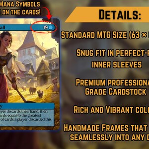 K&ouml;nnte beinhalten: Eine benutzerdefinierte Magic: The Gathering-Karte mit dem Zauberspruch "Windfall". Das Kartenbild zeigt eine Frau in einem Dorf. Die Karte hat einen blauen Rand und enth&auml;lt den Text "CUSTOM MANA SYMBOLS PRESENT ON THE CARDS!" und "DETAILS: STANDARD MTG SIZE (63 x 88 MM)".