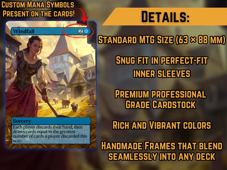 K&ouml;nnte beinhalten: Eine benutzerdefinierte Magic: The Gathering-Karte mit dem Zauberspruch "Windfall". Das Kartenbild zeigt eine Frau in einem Dorf. Die Karte hat einen blauen Rand und enth&auml;lt den Text "CUSTOM MANA SYMBOLS PRESENT ON THE CARDS!" und "DETAILS: STANDARD MTG SIZE (63 x 88 MM)".