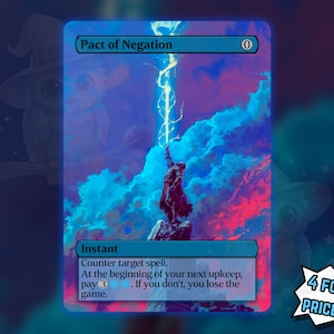 Puede incluir: Una carta coleccionable con borde azul y el texto "Pact of Negation". La carta presenta una ilustración de fantasía de una figura sobre una formación rocosa con un rayo contra un cielo colorido. El texto "Instant" también es visible.