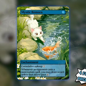 May include: A rectangular trading card titled Mystic Remora featuring an illustration of a white kitten reaching toward an orange fish in a pond. The card text includes Enchantment, Cumulative upkeep 1, and rules regarding drawing cards when an opponent casts a noncreature spell.