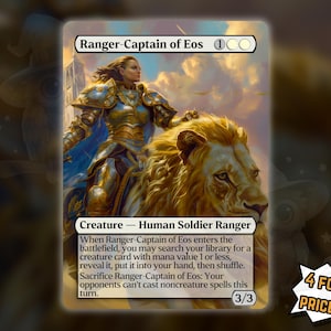 May include: A trading card featuring a golden-armored warrior riding a golden lion. The card is titled "Ranger-Captain of Eos" and includes game text. The card has a 3/3 power and toughness rating. The image is set against a blurred background.