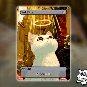 Puede incluir: Una carta de Sol Ring que presenta un gato blanco con ojos amarillos mirando hacia arriba, rodeado por un halo dorado y rayos de luz. La carta tiene el texto "Sol Ring" en la parte superior y "Artifact" en la inferior. La imagen es de estilo caricatura.