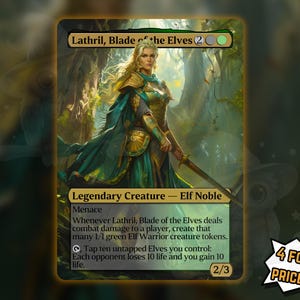 Może przedstawiać: Karta Magic: The Gathering z Lathril, Blade of the Elves. Karta przedstawia elficką wojowniczkę w zielonej i złotej zbroi, trzymającą miecz. Tekst karty zawiera "Legendary Creature - Elf Noble" i inne szczegóły gry. Dymek promocyjny mówi "4 W CENIE 3!"