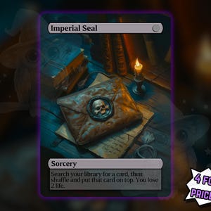 May include: A fantasy-themed card with the text "Imperial Seal" at the top. The card features an illustration of a leather envelope sealed with a skull emblem, resting on a wooden table with books and a candle. The text "Sorcery" is also visible.