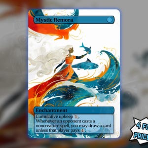Può includere: Una carta d'arte fantasy intitolata "Mystic Remora" con una donna con lunghi capelli bianchi, un vestito arancione e uno strascico rosso fluente. La carta ha accenti blu e arancioni, con immagini di pesci e acqua. Il testo "Incantesimo" e le regole del gioco sono visibili.