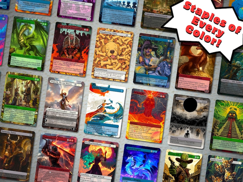K&ouml;nnte beinhalten: Eine Sammlung von Magic: The Gathering Sammelkarten, die verschiedene Fantasy-Kunstwerke und Kartennamen zeigen. Die Karten zeigen eine Reihe von Farben und Illustrationen, mit dem Text "Staples of Every Color!" in einer Sprechblase.