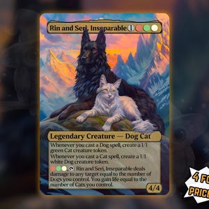 Può includere: Una carta collezionabile con un cane nero e un gatto bianco, intitolata "Rin and Seri, Inseparable". La carta ha uno sfondo montuoso e include il testo del gioco. Il testo promozionale "4 FOR THE PRICE OF 3!" è in basso a destra.
